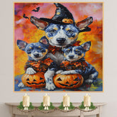 Halloween Blue Heeler Dog Family Canvas Wall Art with Pumpkins Rustic Fall Decoration for Dog Moms on Ready to Hang 1.5" Thick Canvas Wrap, Floating Framed Canvas, Flat Rolled Canvas